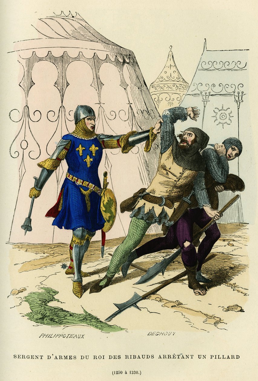Sergeant-at-Arms des Königs der Ribauds (Anführer der unregelmäßigen Miliz, die um 1189 von Philippe Auguste (oder Philippe II von Frankreich 1165-1223) gegründet wurde, mit bestimmten Polizeifunktionen) verhaftet einen Plünderer (1290 bis 1330). Farbgravu von French School