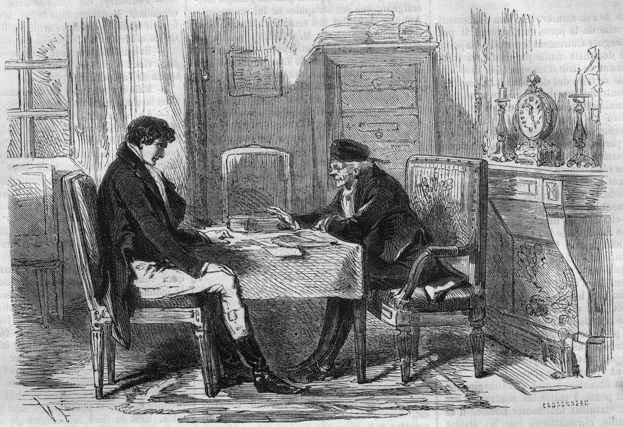 セリエ小説。"エミール・スーヴェストル（1806-1854）の「富める者、貧しき者」。二人の男が話している。"潔癖症は人を苦しめない""Les bons romances "のエングレーヴィング 作： フランス語学校