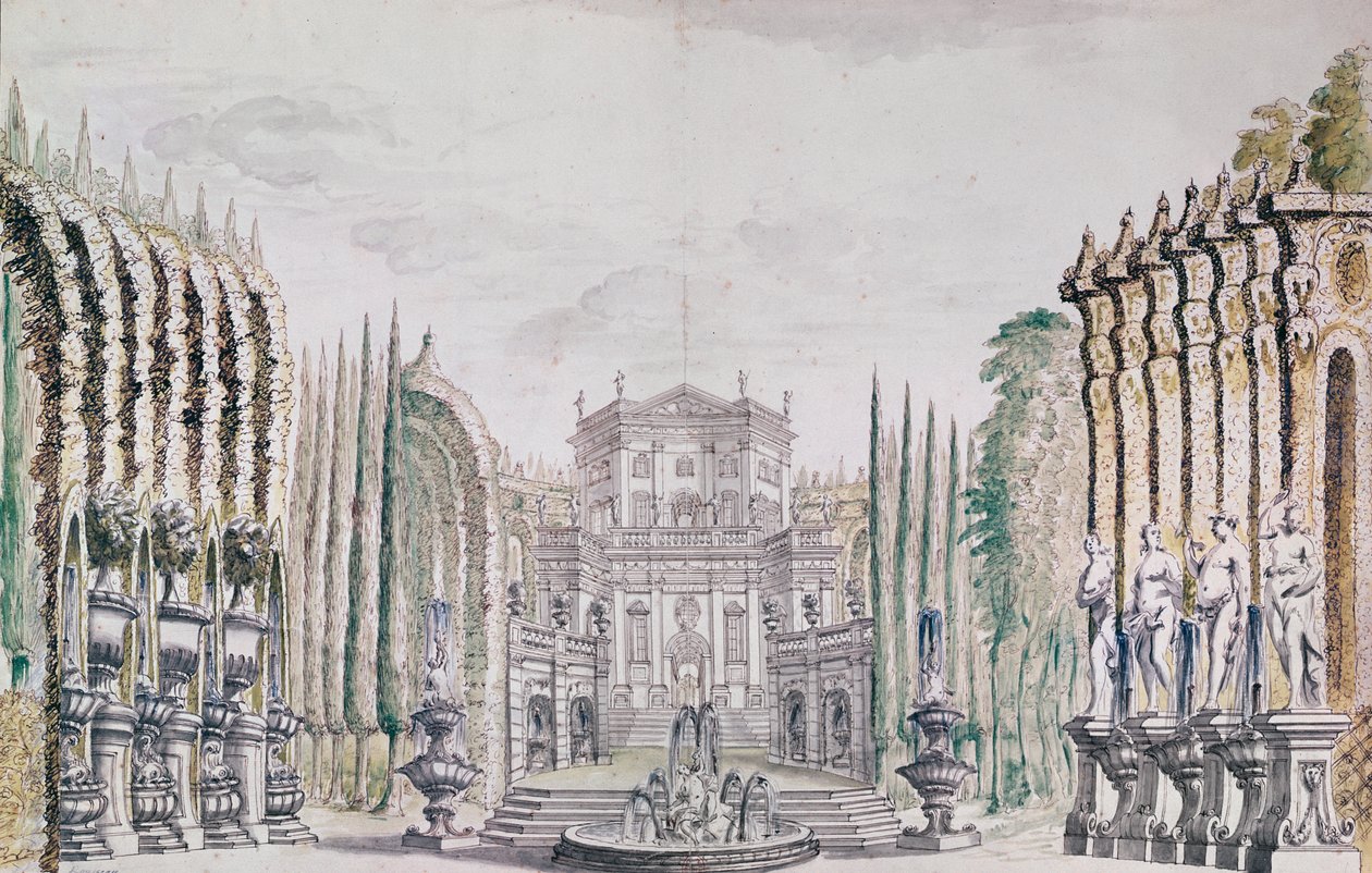 劇場の宮殿のセットデザイン、c.1660-80（紙にペンとインク、トイレ） 作： フランス語学校