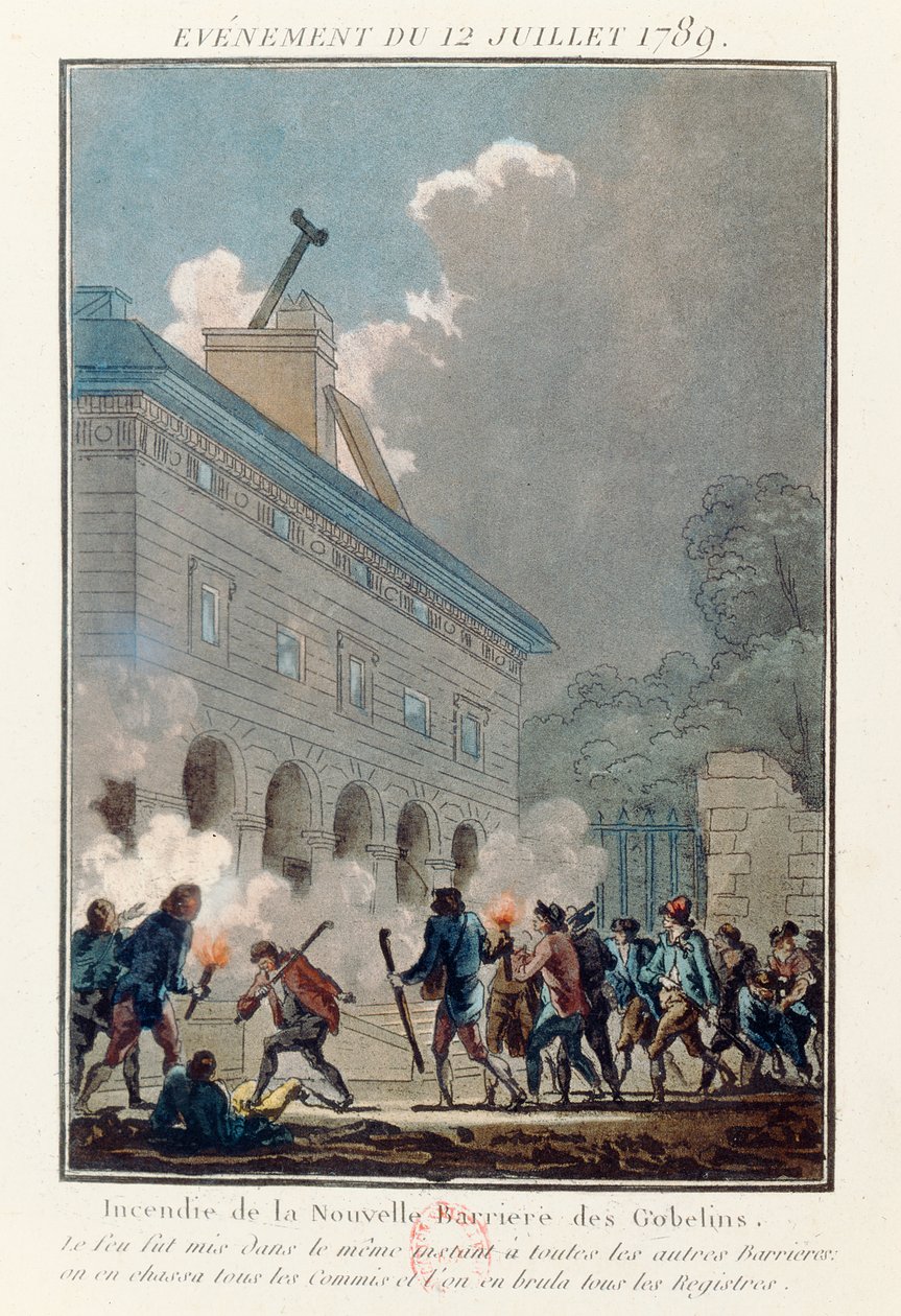 1789年7月12日、パリのフェルミエジュネローの壁に火を放つ 作： フランス語学校