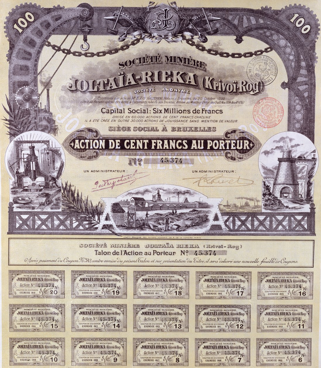 1899年の仏露ロシアヨルタイアリエカ鉱山会社の100フランの株券 作： フランス語学校