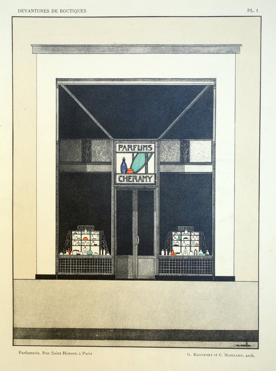 ショップフロント、プレート1、1927年パリ、ルイピエールセジールによるDevantures de Boutiquesのイラスト 作： フランス語学校