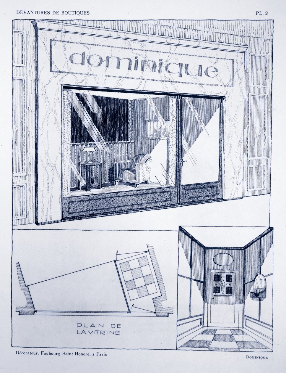 ショップフロント、プレート2、ルイピエールセジールのDevantures de Boutiquesによるイラスト、パリ、1927 作： フランス語学校