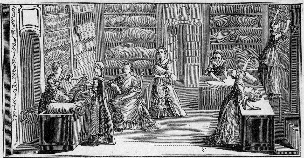 18世紀の "ファッション商人 "の店。Engraving In "La Marine et les colonies: commerce" 作： フランス語学校