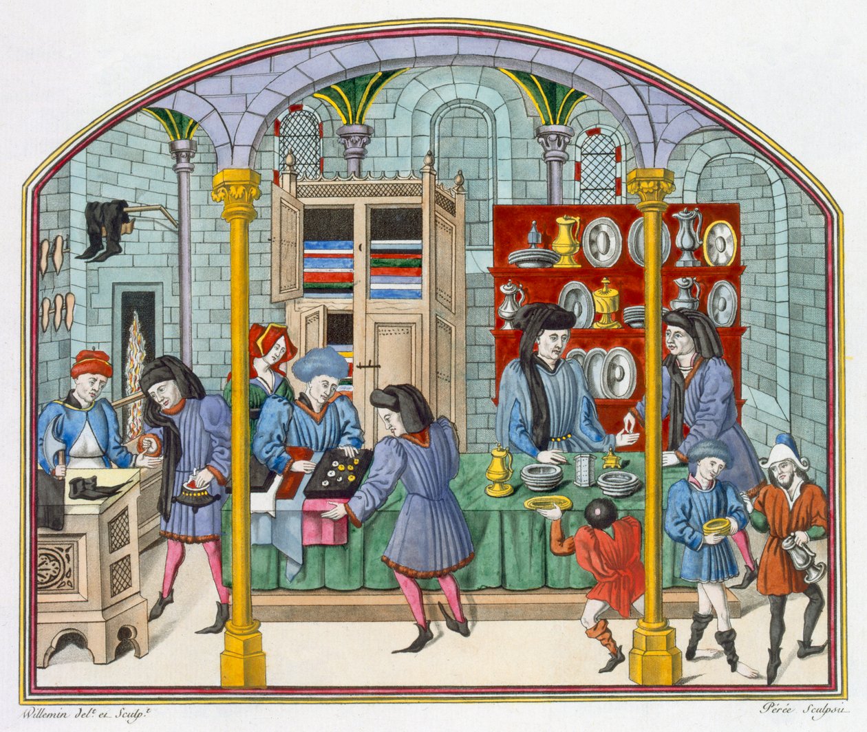 Nicolas Oresme（c.1323-82）による14世紀のアリストテレスの倫理と政治の翻訳のミニチュアの後の、対象市場下のショップ 作： フランス語学校
