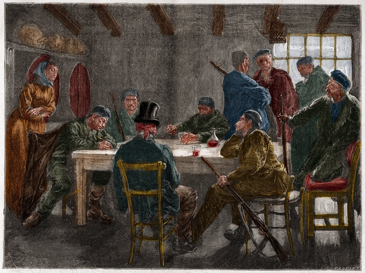 19世紀のシチリアン・マフィア。1873年にシチリアのマフィアが廃止した地主の取り調べ。1873年のエングレーヴィング 作： フランス語学校