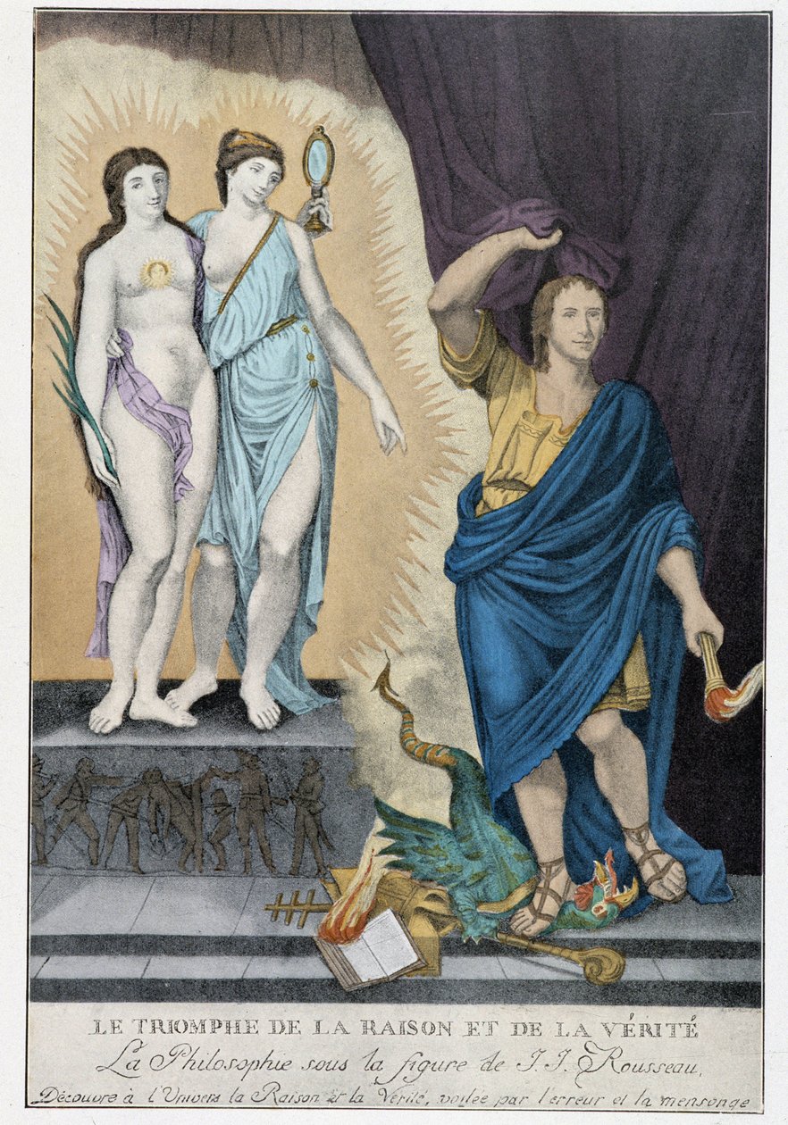 Siecle des Lumieres: "The Triumph of Reason and Truth": ジャン・ジャック・ルソーの姿の下、哲学は宇宙に理性と真実を発見しますが、誤りと嘘に覆われています。 作： フランス語学校