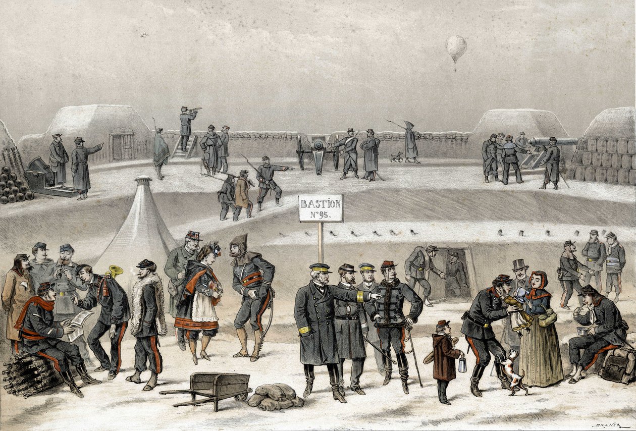 1870年、1870-1871年の戦争中に行われたパリの包囲戦。街の防衛を準備する兵士たち：地下壕にいる兵士の姿が見える。 作： フランス語学校
