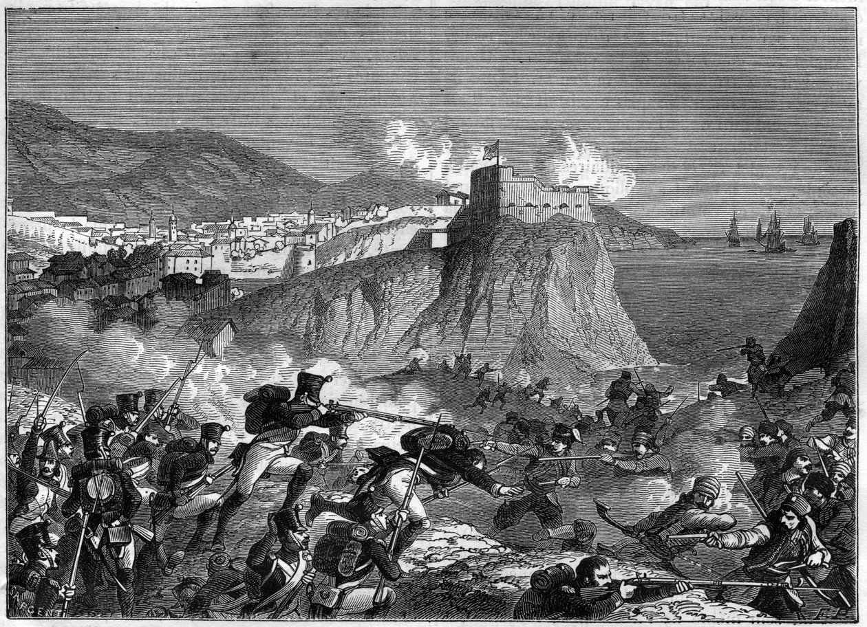 1806年5月、6月のナポレオン戦争におけるラグーサ（ラグーサ共和国）（クロアチアのドゥブロヴニクではラグーサ）の包囲戦（モリトール将軍とローリストンによるダルマチア作戦）-アドルフ・ティエの「領事の歴史に続く帝国の歴史」にて 作： フランス語学校
