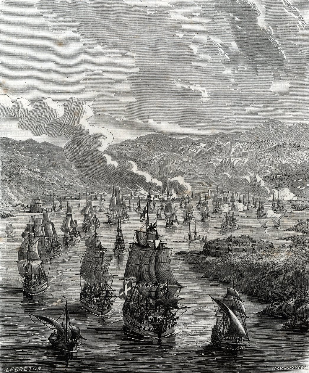 スペイン継承戦争中の1707年7月29日から8月21日にかけて、連合国の陸海軍がフランスの海軍基地であるトゥーロンを包囲した「トゥーロン包囲戦」(版画) 作： フランス語学校