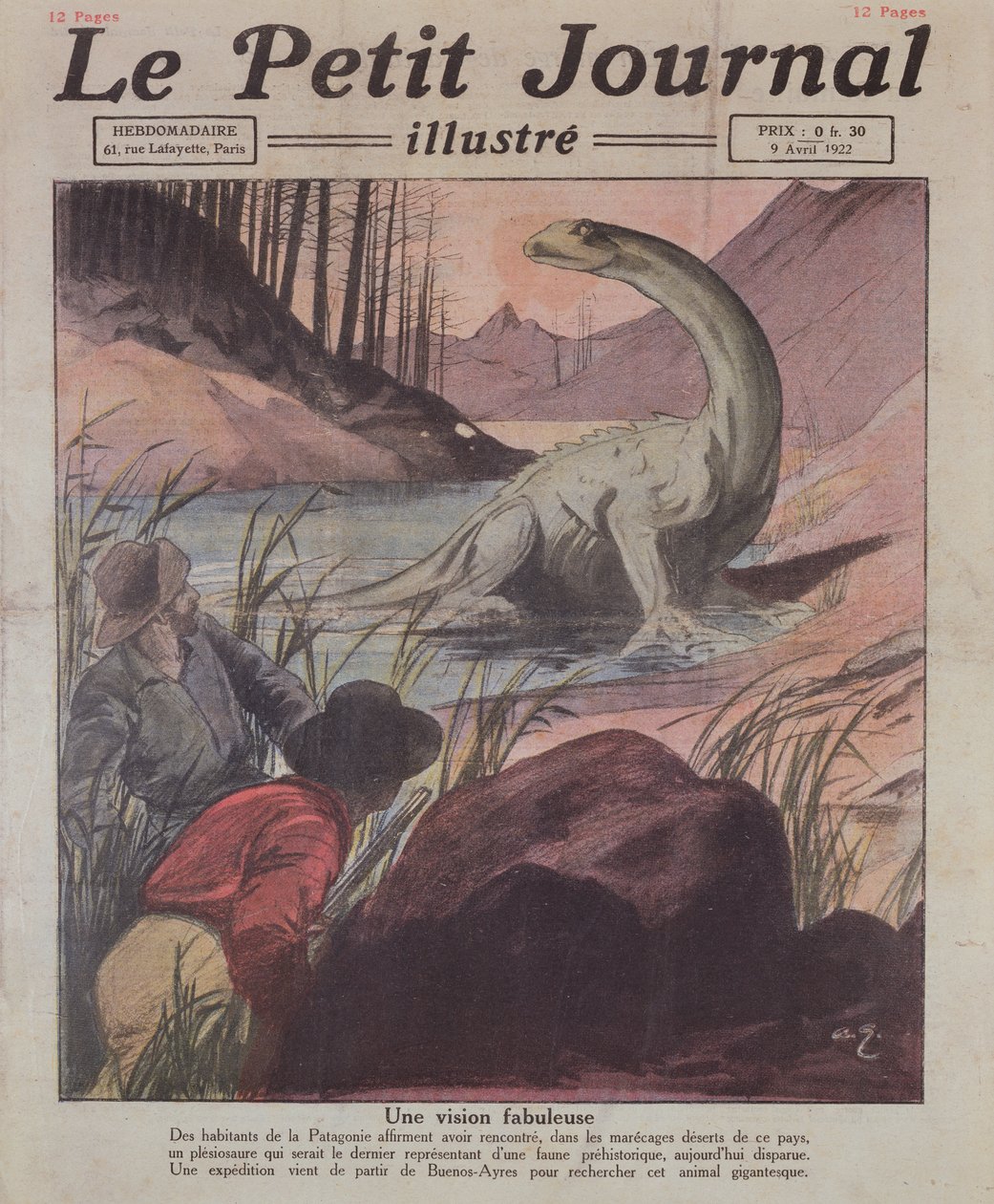 パタゴニアでのプレシオサウルスの発見、ルプチジャーナルの表紙イラスト、1922年4月9日 作： フランス語学校