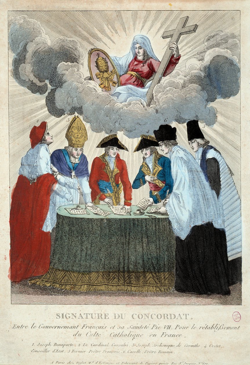 1801年7月15日、1801年のコンコルダートの署名：フランス政府（ここではジョセフ・ボナパルトが代表）とサン・シエージュ（教皇ピウス7世の代理として枢機卿コンサルヴィが代表）の間で署名された。1801年 パリ、カルナヴァレ美術館 作： フランス語学校