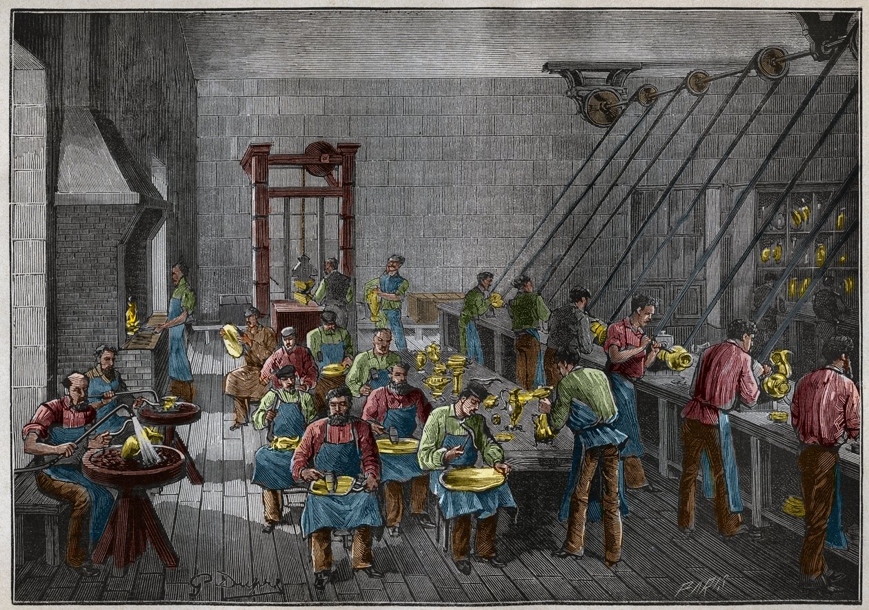 19世紀のフランスの銀器工房。Adolphe BITARDの "Les arts et metiers illustres "に掲載された1885年のエングレーヴィング。 作： フランス語学校