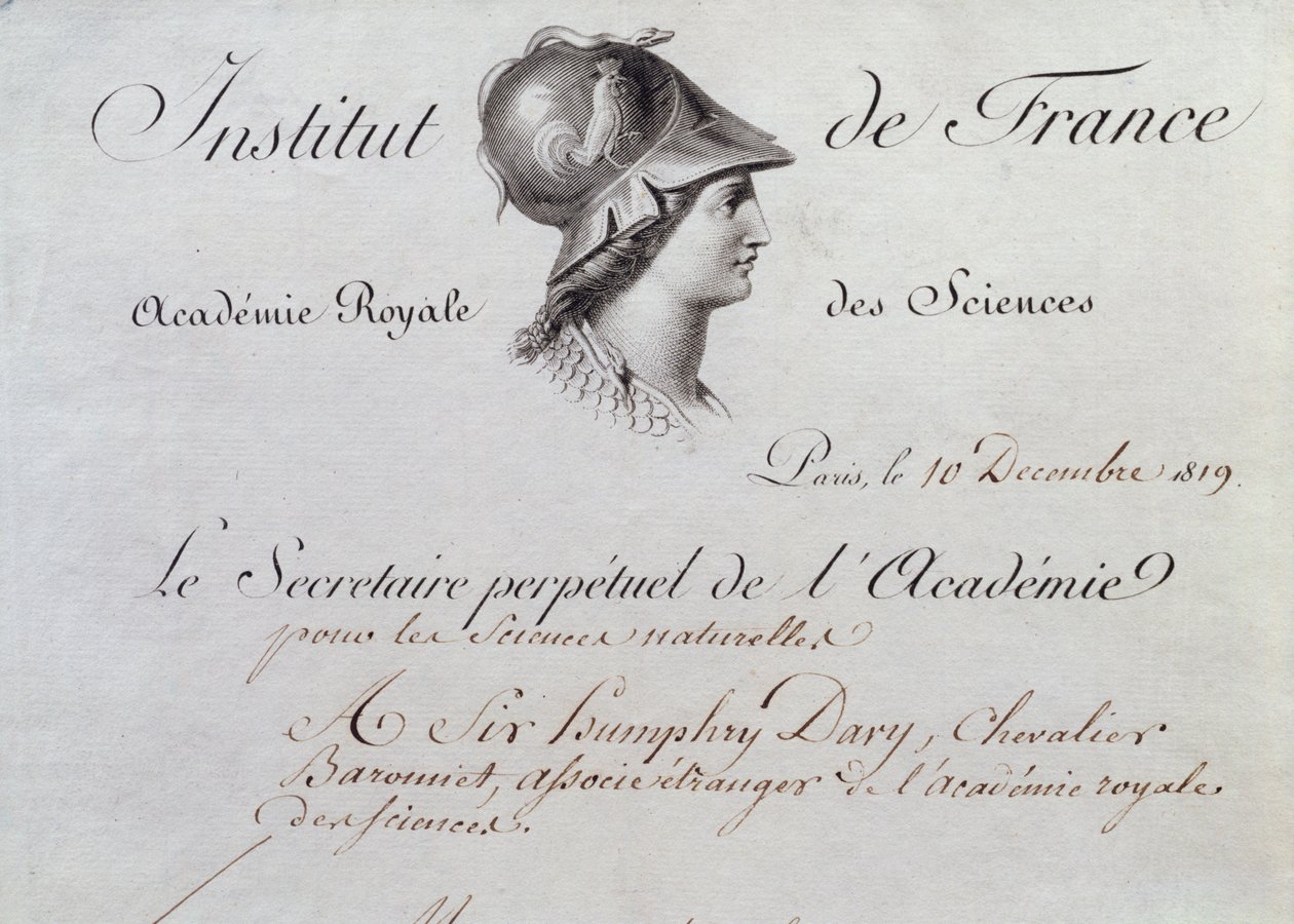 1819年12月10日、サーハンフリーデイビー（1778〜1829年）、フランス研究所への入会証明書 作： フランス語学校
