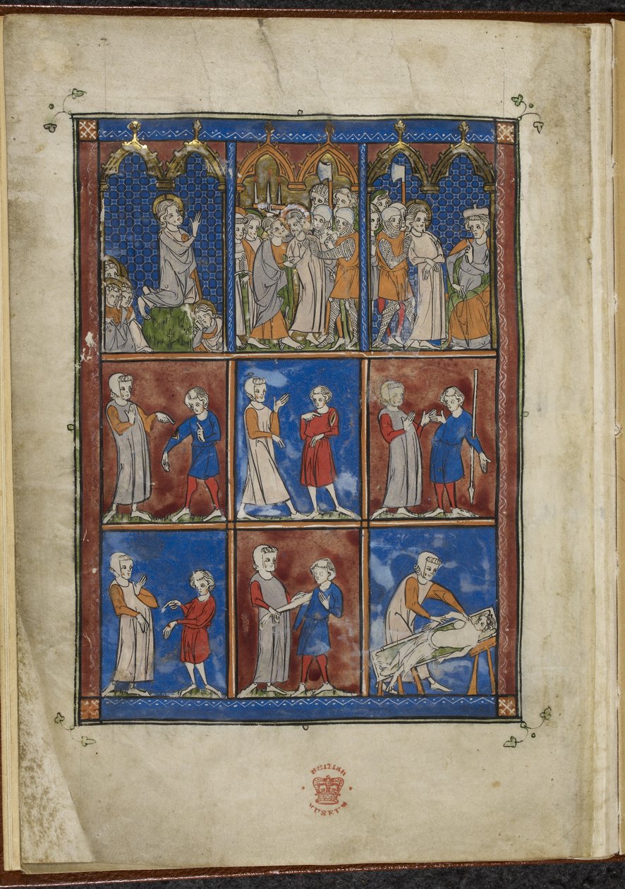 Sloane MS 1977 fol.5v 聖書と医療のシーンを示す 9 つのミニチュア、Chirurgia 作： フランス語学校