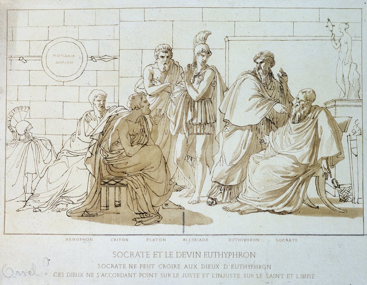 Sokrates und der Beruhiger Euthyphron: Sokrates kann nicht an die Götter von Euthyphron glauben, diese Götter sind sich nicht einig über das Gerechte und das Ungerechte, das Heilige und das Unheilige. Darstellung von Xenophon, Kriton, Platon, Alkibiades, E von French School