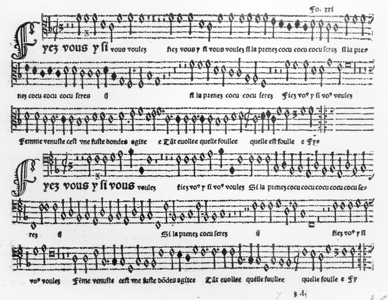 シャンソンミュージカルズの歌曲集、ピエールアッタニャント（1552年）発行1535-36 作： フランス語学校