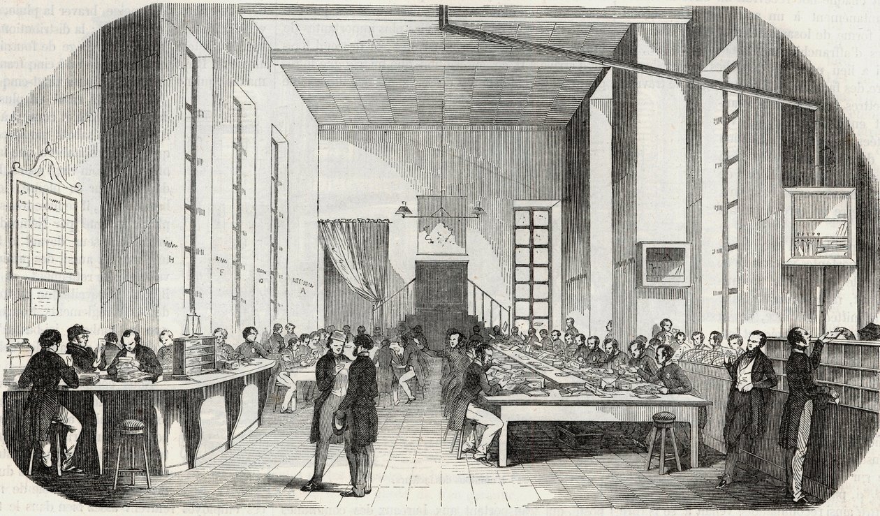 パリからの手紙の仕分け - Edmond Texier 1852年の「Tableau-de-Paris」に掲載された版画 作： フランス語学校