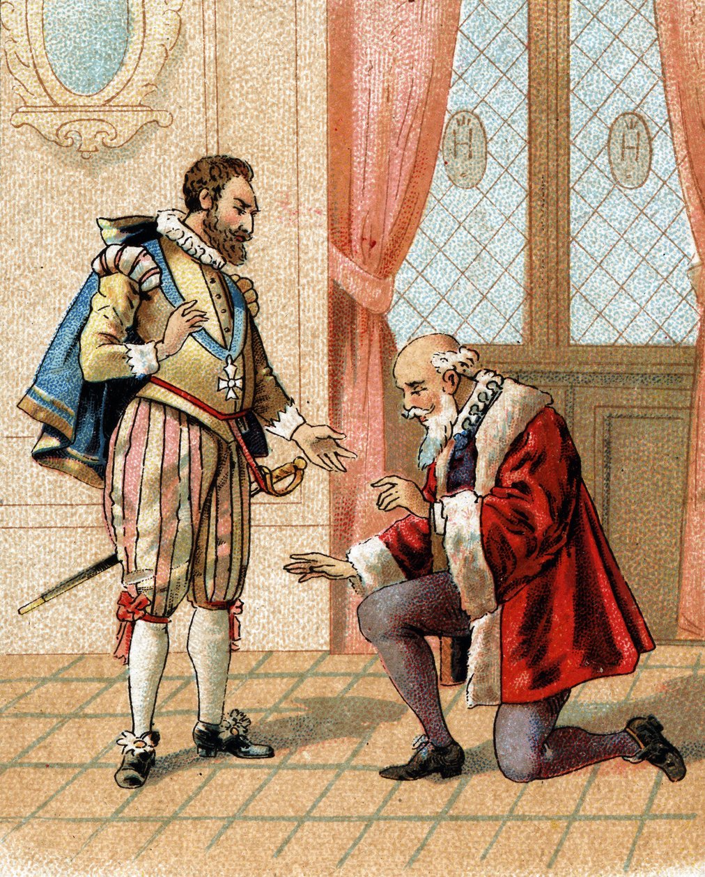 1598年、ヘンリー4世は、活発な議論の末にひざまずいてしまったマクシミリアン・オブ・ベスーン（サリー公）（1559-1641）に対して、「立ちなさい、我が友よ、敵は私が君を許していると言うだろう」と言った。 作： フランス語学校