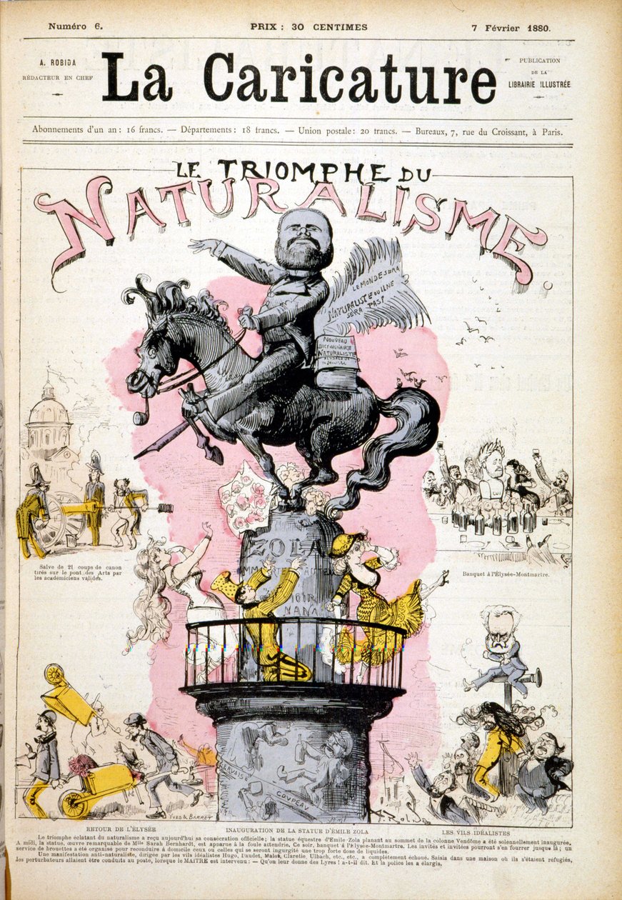 エミール・ゾラの像、「自然主義の勝利」-1880年02月07日の「風刺画」にて。 作： フランス語学校