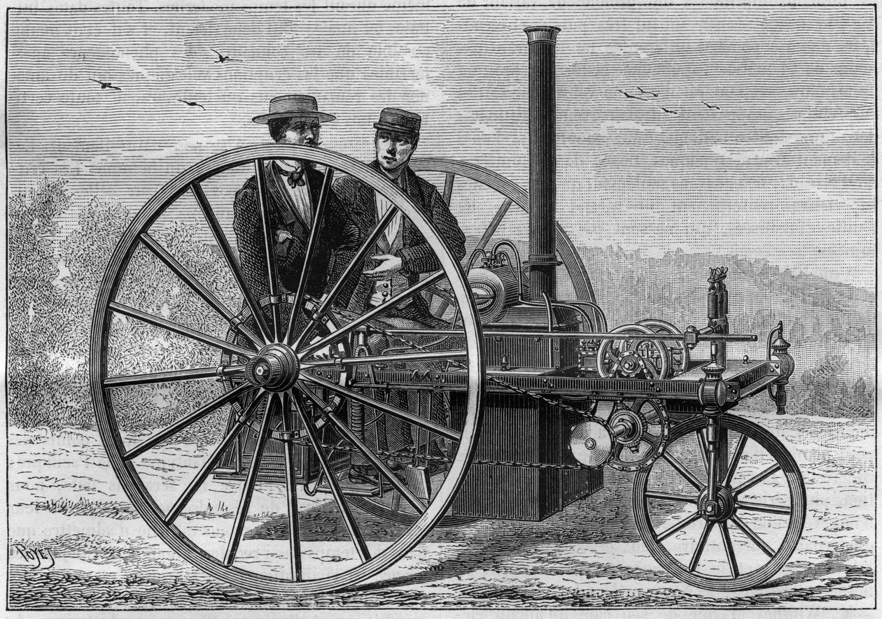 コークス・ボイラーを動力源とするチャールズ・パルマース方式の蒸気自動車で、時速10～12キロのスピードが出る。ラ・ネイチャー」に掲載された図版科学とその芸術・産業への応用に関する雑誌" 作： フランス語学校