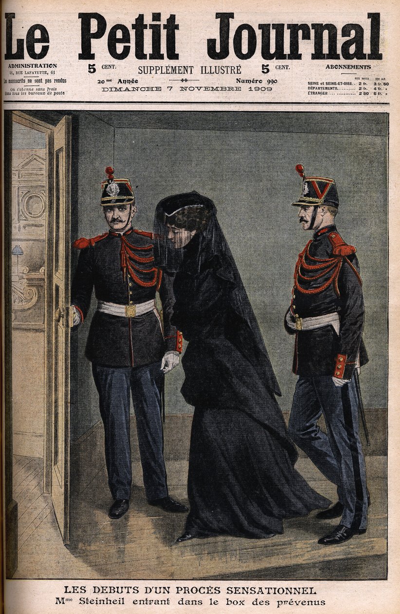 スタインエイユ事件。マルグリット・スタインエイユ（1869-1954）の被告席への入場 - Le Petit Journal, 11月7日 作： フランス語学校