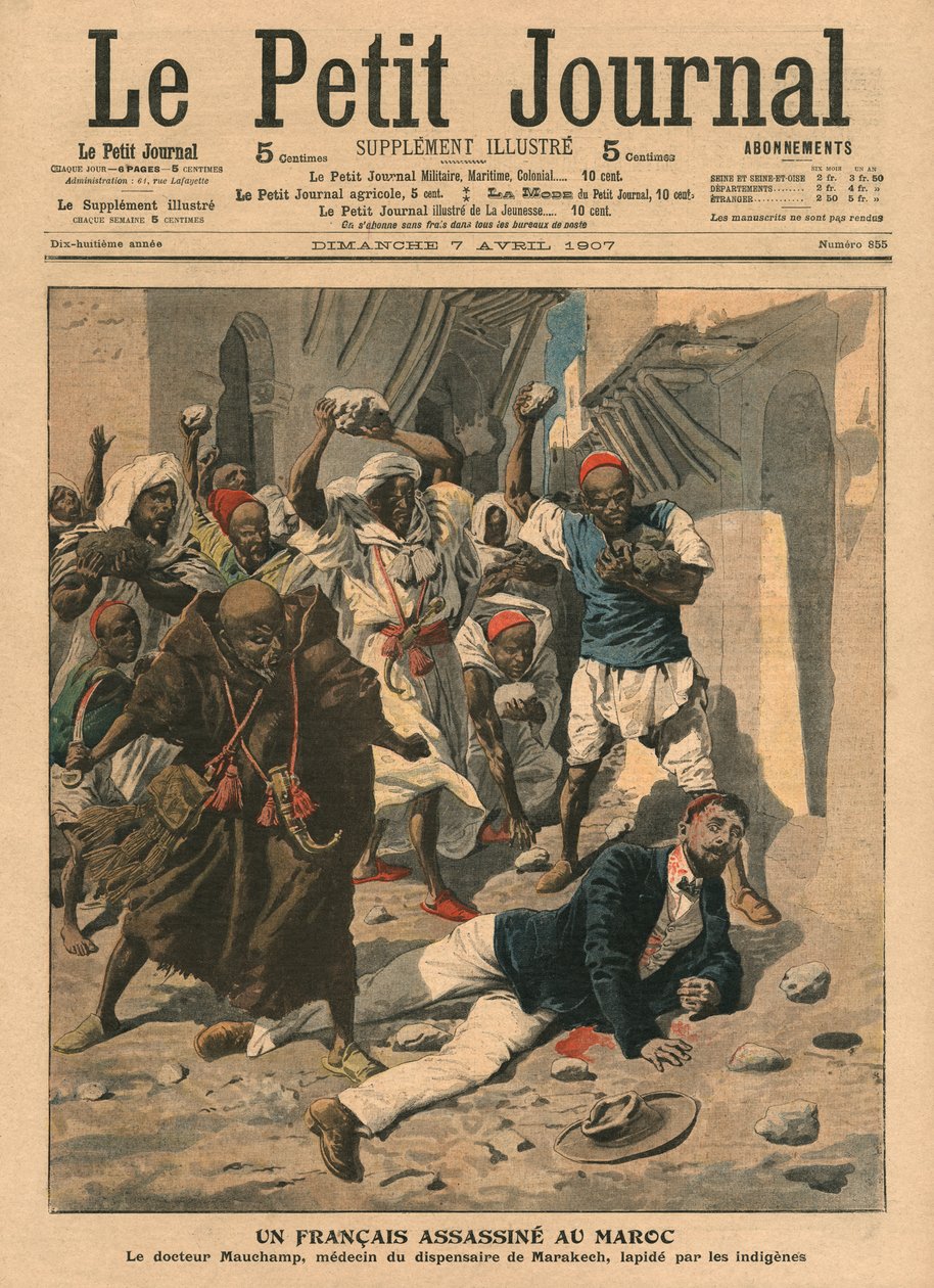 1907年4月7日、モロッコのフランス人医師モシャンのストーニング、「Le Petit Journal」のイラスト、サプリメントイラスト 作： フランス語学校
