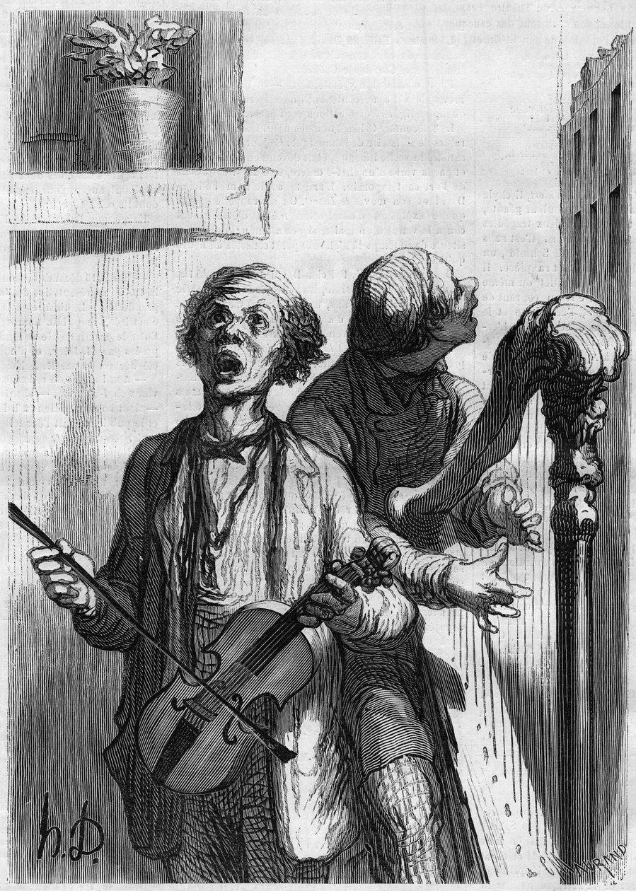 ストリートシンガー。オノレ・ドーミエ（1808-1879）の漫画。1862年12月20日付の "Le Monde Illustré "297号に掲載された図版。 作： フランス語学校