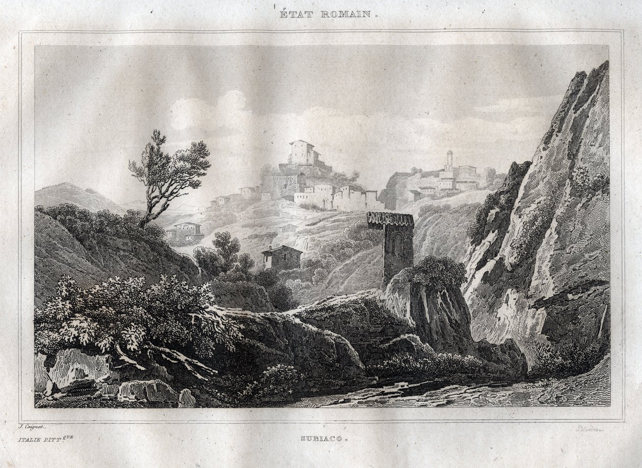 首都ローマのスビアコ・ラツィオ - M. de Norvins, Ch. Nodier 1834-1836による "Picturesque Italy "からのエングレーヴィング。 作： フランス語学校