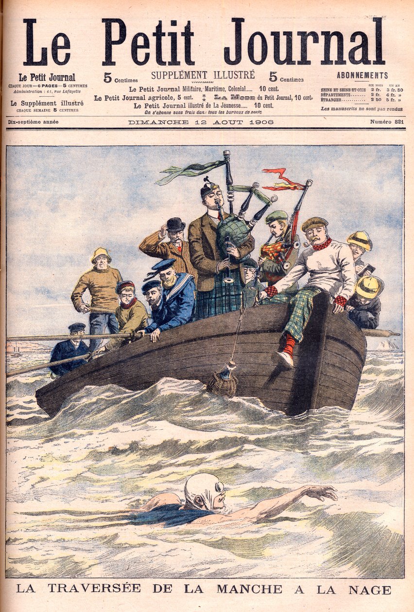 英仏海峡を泳ぐ英仏海峡を泳いで渡ろうとした22回の失敗のうち、最初の試みを行ったイギリス人のJabez Wolffe。ジャベズ・ウォルフ（1877-1943）の「英仏海峡を泳ぐ」 - イラストレーション（Le petit Journalより 作： フランス語学校