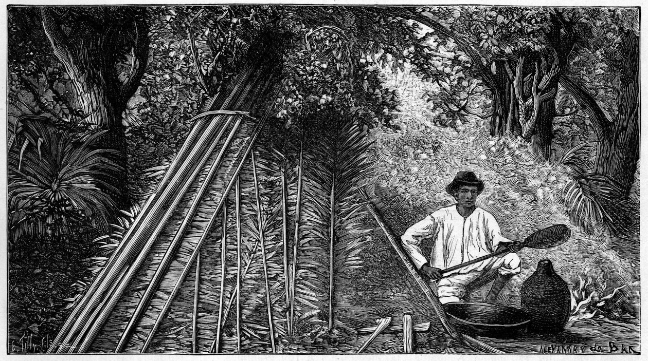 ラテックスを吸ってゴムを作る作業をしているシリングロ。1898年の刻印。 作： フランス語学校