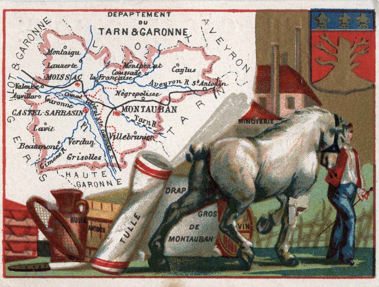 フランス、タルヌ・エ・ガロンヌ（Tarn-et-Garonne, 82）、ミディ・ピレネー（Midi Pyrenees）。特産品：油、でんぷん、チュール、モントーバンのシートの卸、ワイン、製粉。フランスのデパートメントに関するシリーズ。クロモリ（Chromo）「地理的な糸」、サー 作： フランス語学校