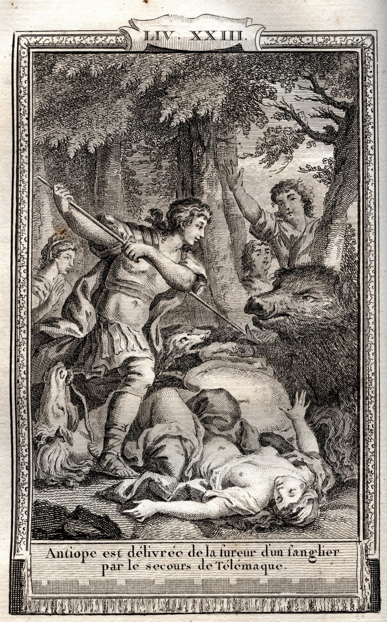 Telemaque delivre Antiope of a wild boar - Francois de Salignac de La Mothe-Fenelon dit Fenelonの "Les Aventures de Telemaque, fils d