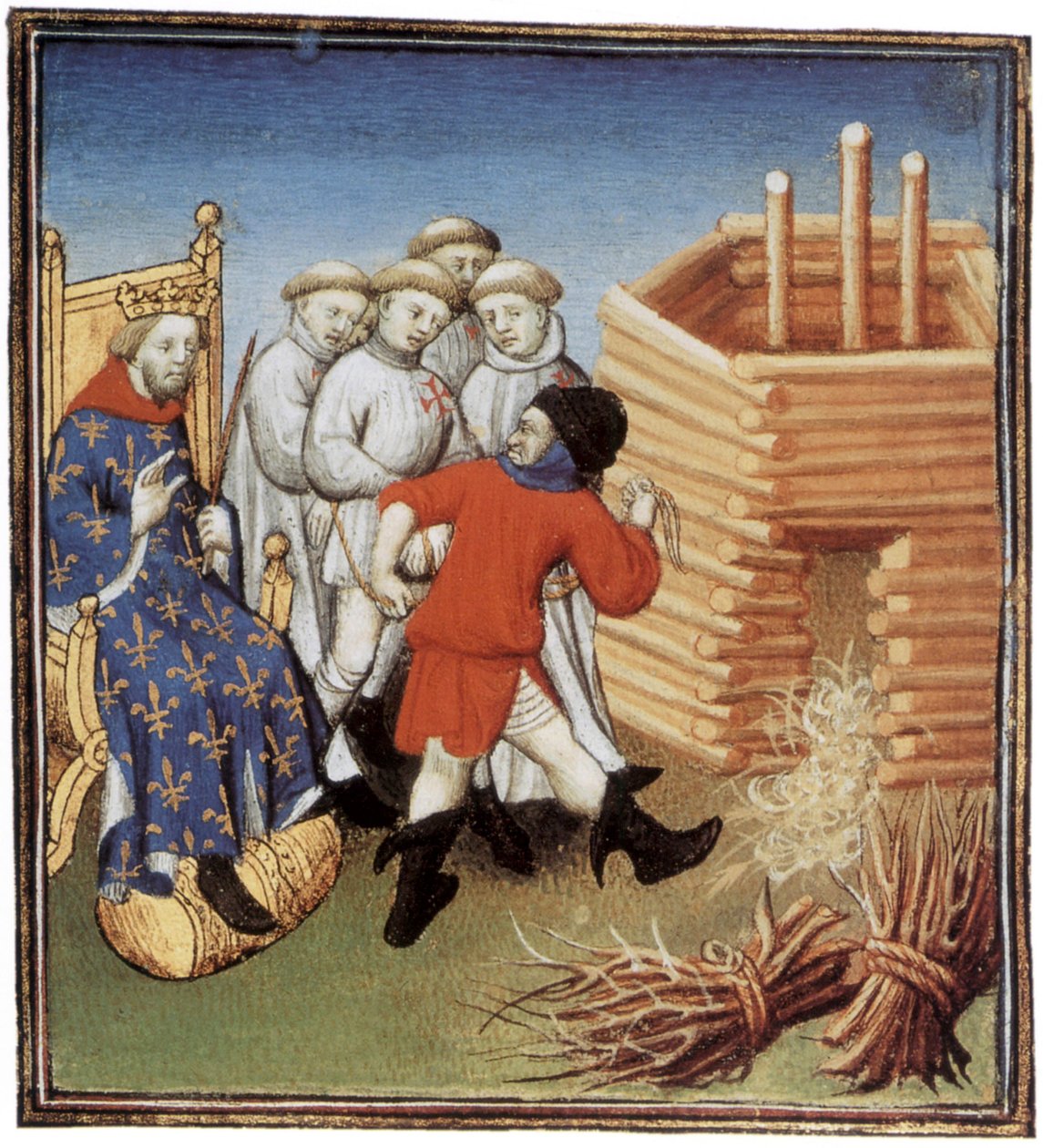 テンプル騎士団は、1310 年にフランス王フィリップ 4 世ル ベルの目の前で処刑される予定です。イルミネーション 作： フランス語学校