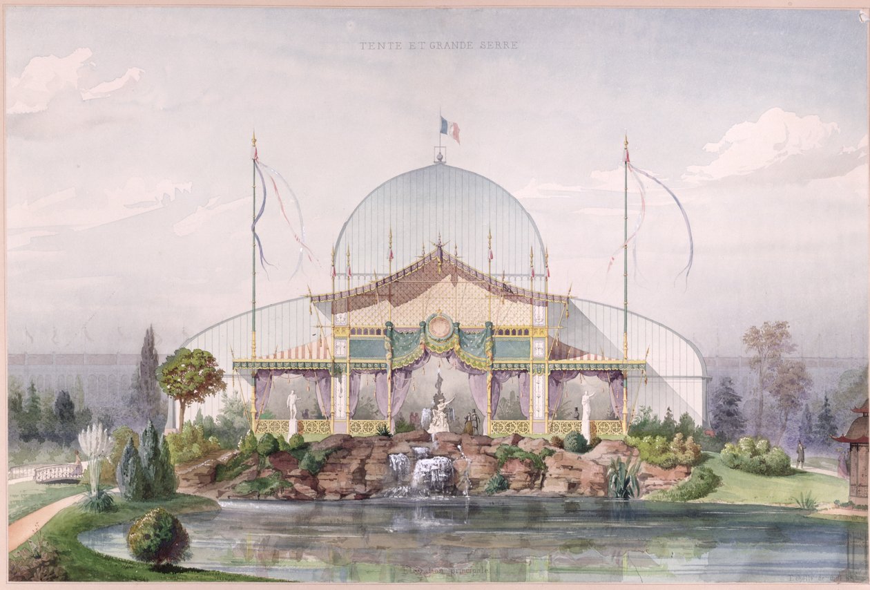 1867年のパリの万国博覧会の庭にあるテントと大きな温室（紙に水彩） 作： フランス語学校