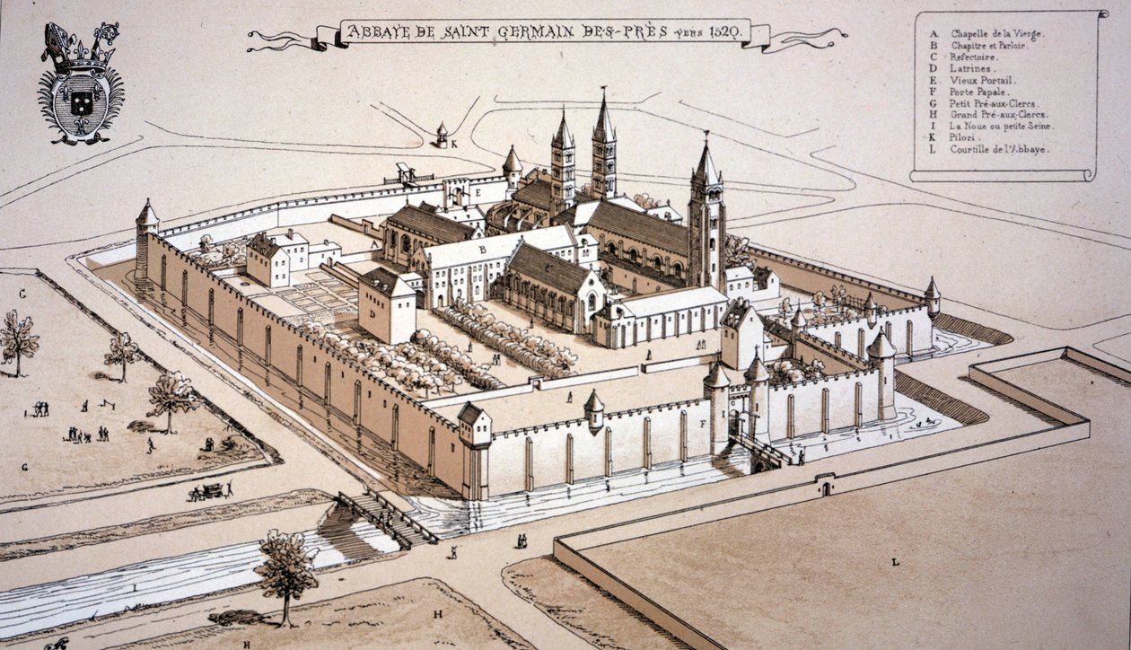 1520 年頃のサン ジェルマン デ プレ修道院（色付きの彫刻） 作： フランス語学校