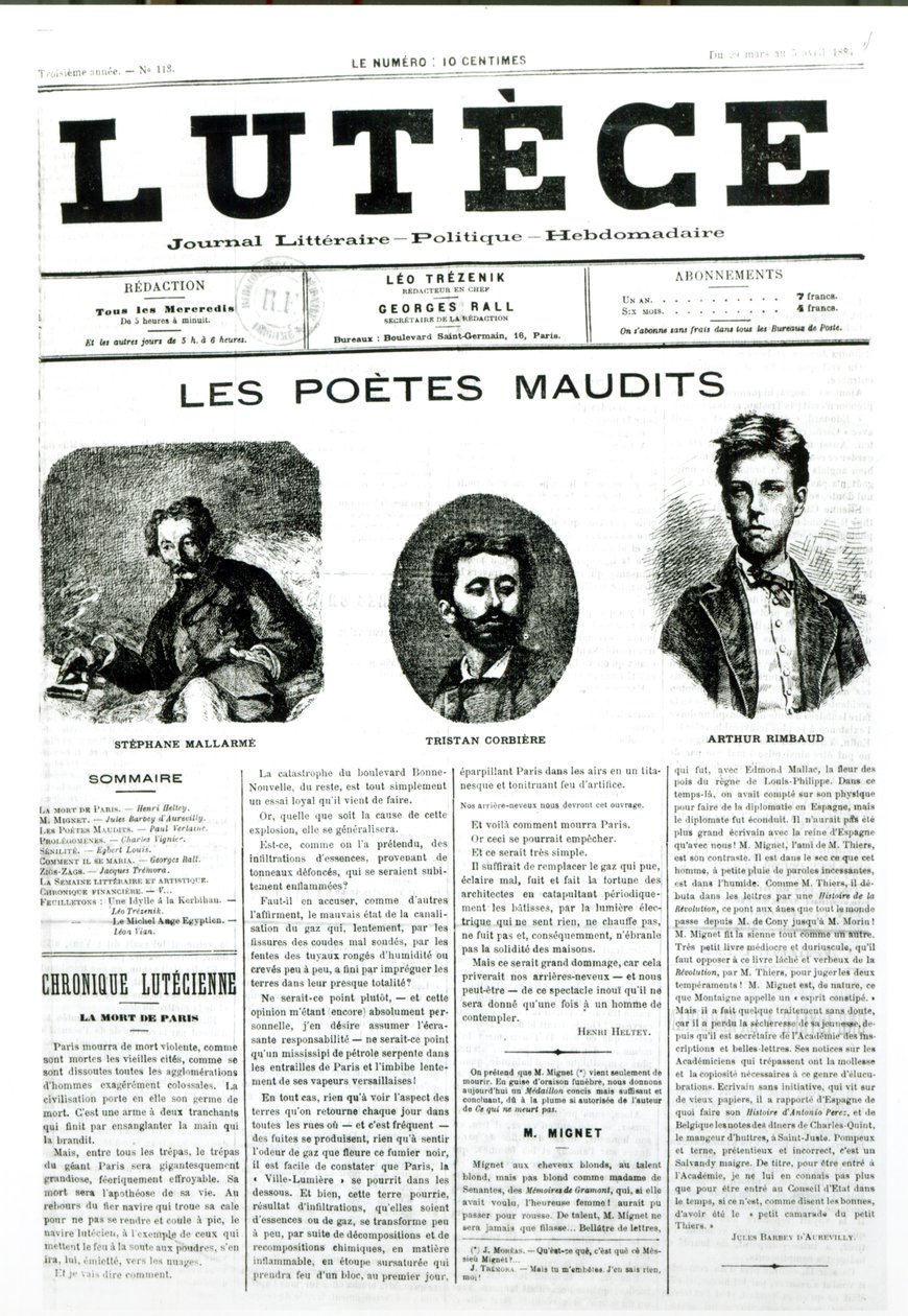呪われた詩人、新聞ルテスの表紙、1884 作： フランス語学校