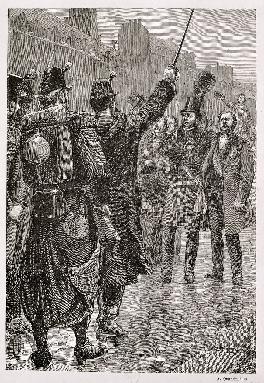 1851年12月4日、サンアントワーヌバリケードでのビクターシェルシェル（1804-93）の逮捕 作： フランス語学校