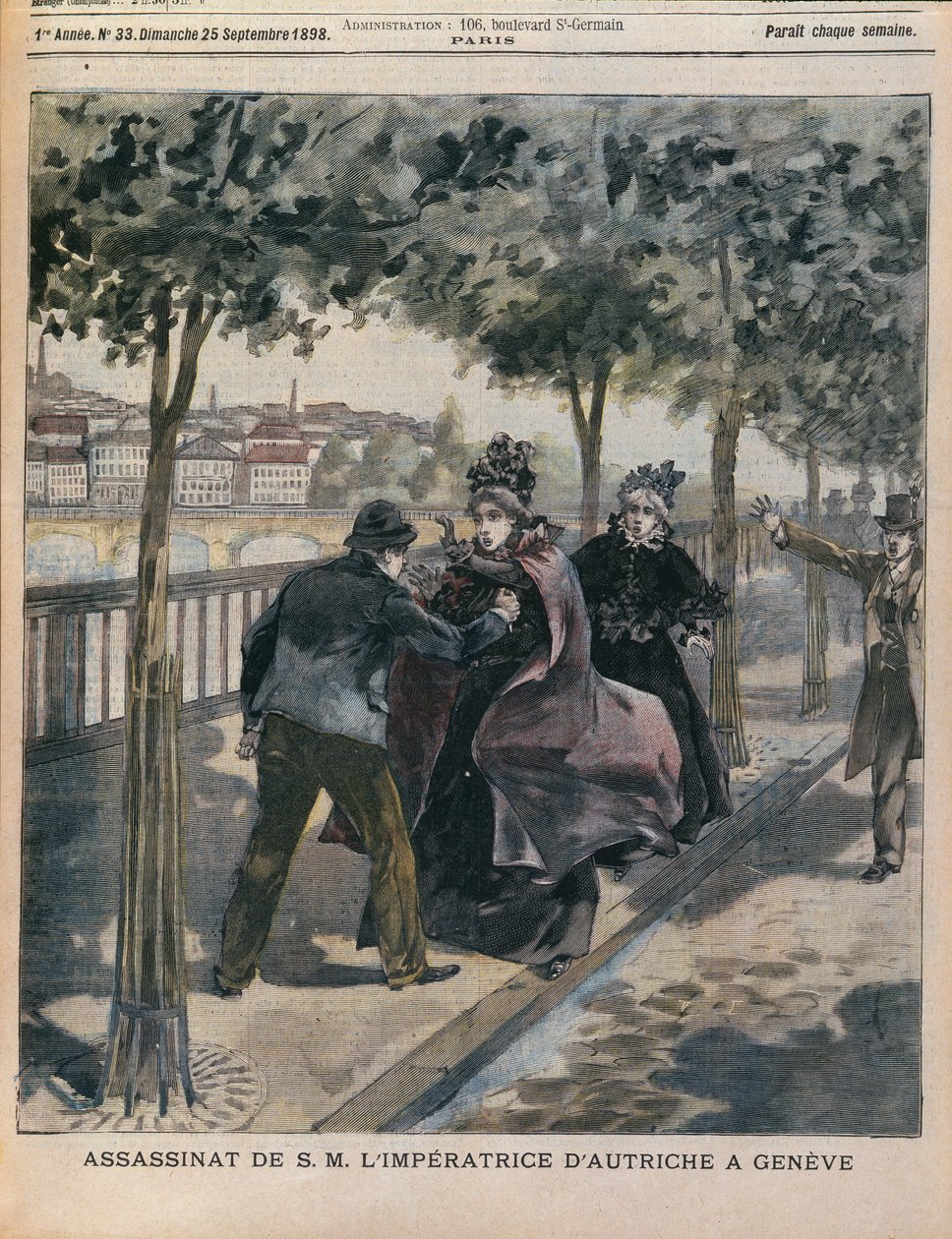 エリザベス暗殺（1837-98）ジュネーブのオーストリア皇后、1898年9月25日、ラニーIllustreeの表紙（カラー彫刻） 作： フランス語学校