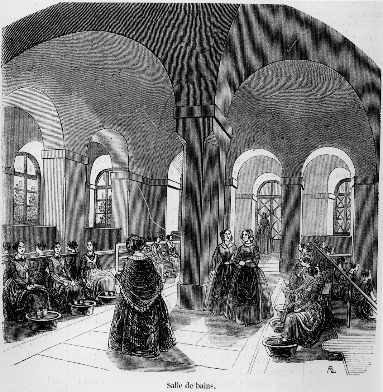 エドモンドテキシエ著、タブロードパリのヤングブラインド研究所のバスルーム、1852年発行 作： フランス語学校