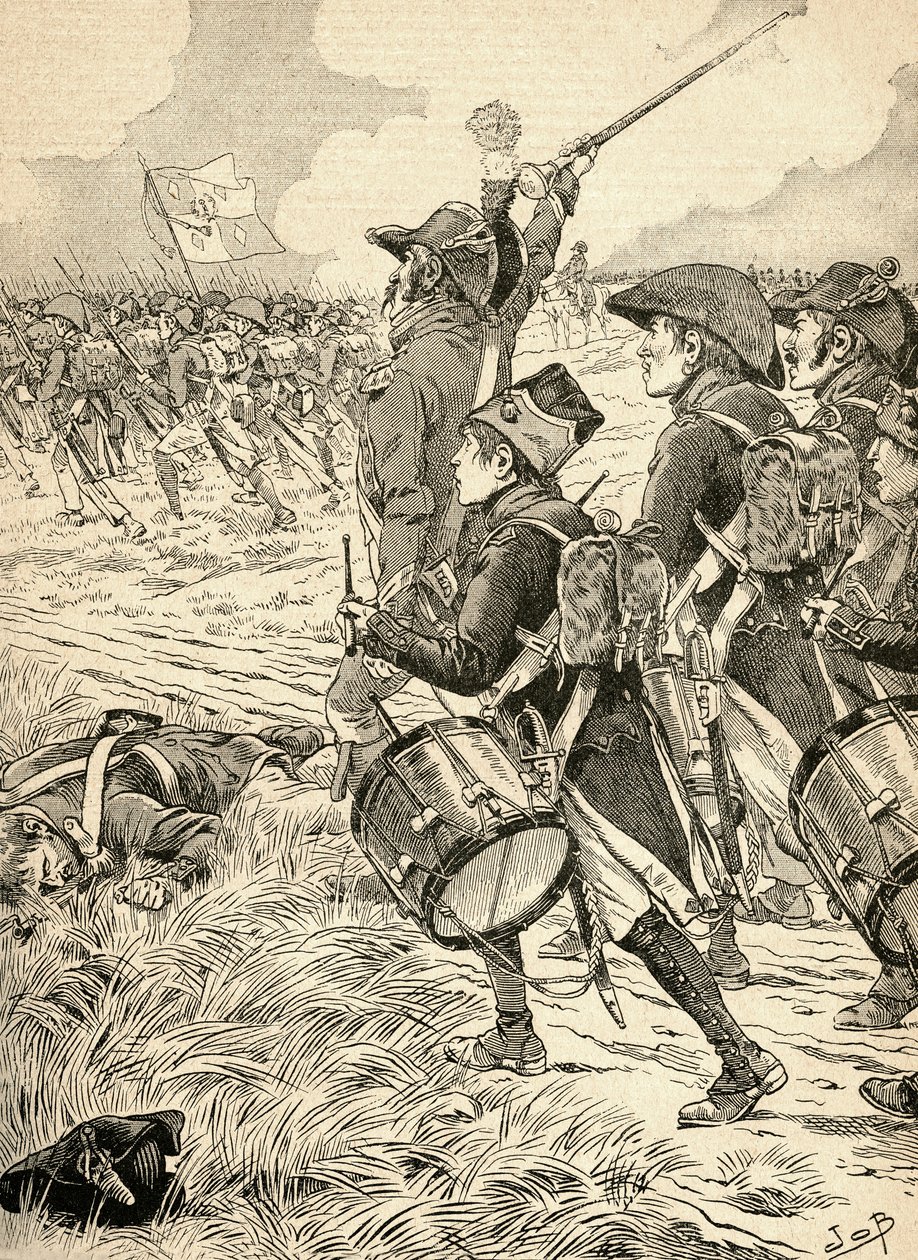 1800 年にイタリアのマレンゴの戦いは、ナポレオン ボナパルト率いるフランス軍とオーストリア軍の間で戦いました。 1917年に発行されたBuvard du Bon Marcheのアジェンダより。 作： フランス語学校
