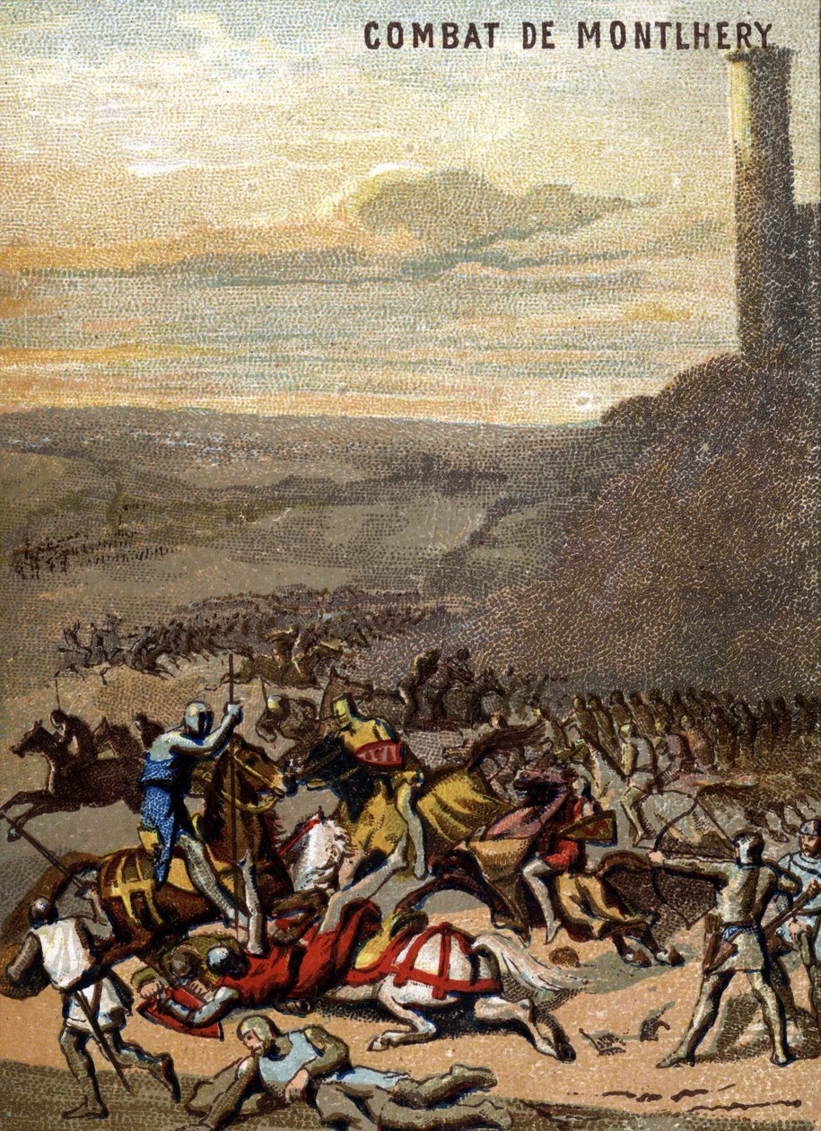 モンルヘリーの戦い（1227年）。王国と封建制-息子ルイ9世の摂政ブランシュ・ド・カスティーユが大封建制の反乱をマトメる。シリーズ「映像による愛国教育」のクロモリトグラフ。 作： フランス語学校