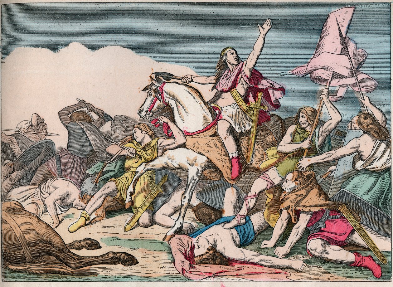 トルビアックの戦い、クローヴィスのアラマンズに対する勝利（466-511）（496年） - Clovis I (466-511) at Battle of Tolbiac, 496 AD - "Nos Gires Nationales - Images et recits" の19世紀末のエングレービング 作： フランス語学校