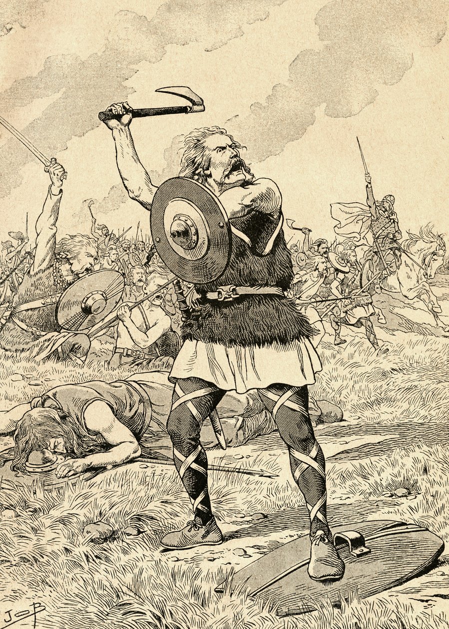 496 年のトルビアックの戦いは、フランク族とアレマンニ族の間で戦われました。 1917年に発行されたBuvard du Bon Marcheのアジェンダより。 作： フランス語学校