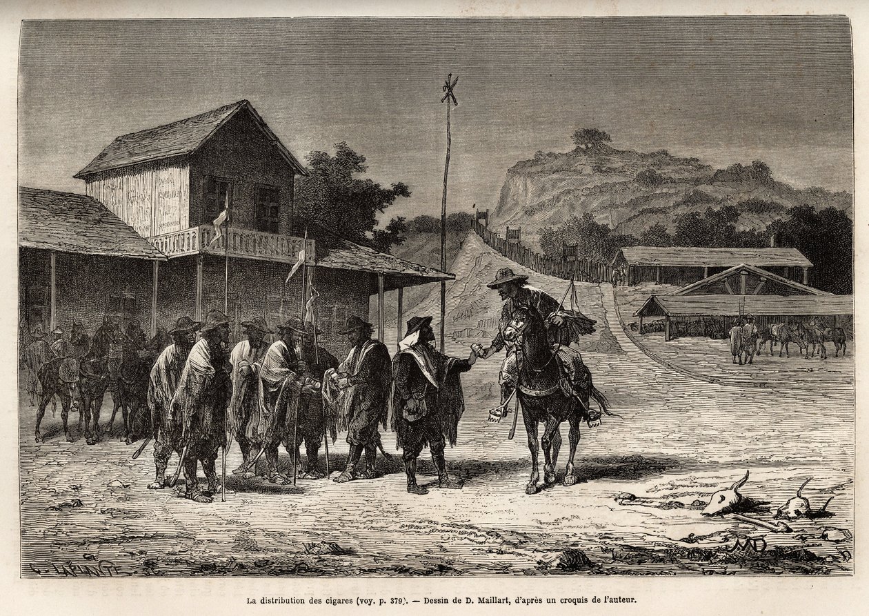 Die Blancos, argentinische Aufständische, die die Provinz Entre-Rios (Entre Rios) gegen die Waffen von Buenos Aires halten, in malerischen Kostümen mit weißen Streifen, erhalten ein wenig Tabak vom Erzähler, während er versucht, ihre Linie zu passieren, um von French School