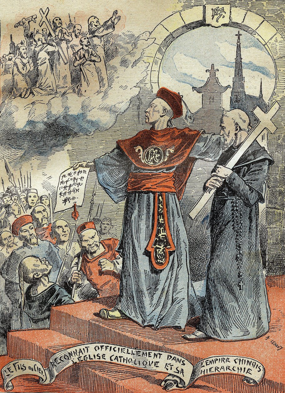 中国の光緒帝（コウオウ・シウまたはコウオウ・シウ）（1872-1908）は、カトリック教会とその階層を公式に認めました。1899年5月25日付「ル・ペレラン」誌に掲載された版画。 作： フランス語学校