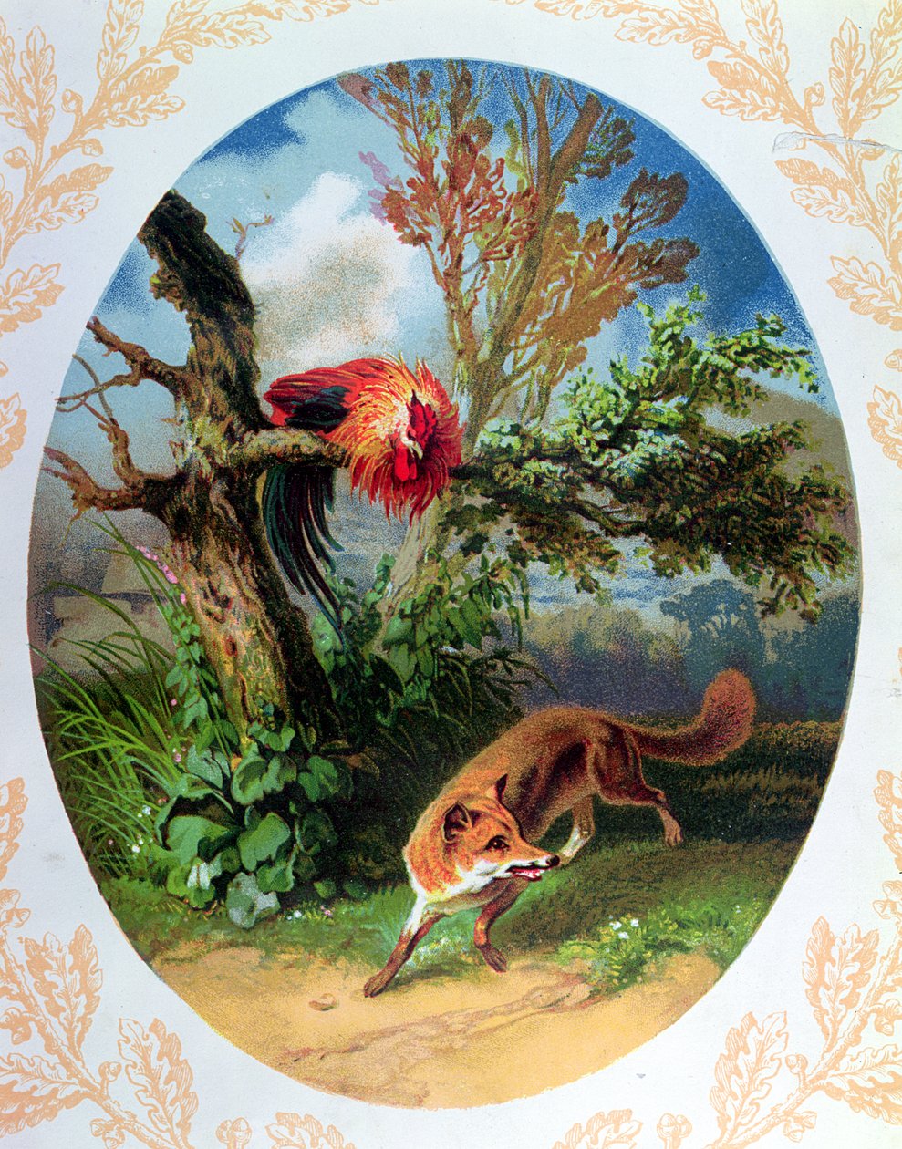 おんどりと狐、ジャンドゥラフォンテーヌ（1621-95）c.1860-80による寓話の後のイラスト 作： フランス語学校