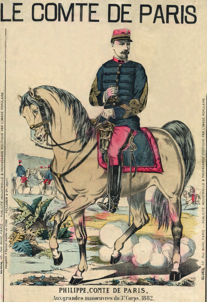 パリの伯爵です。フィリップ・ドルレアン（1838-1894）、彼の信奉者からはフランスの王位継承者とされていた。1889年3月30日にパリで発行された「Le Figaro, supplement」に掲載されたエングレーヴィング。 作： フランス語学校