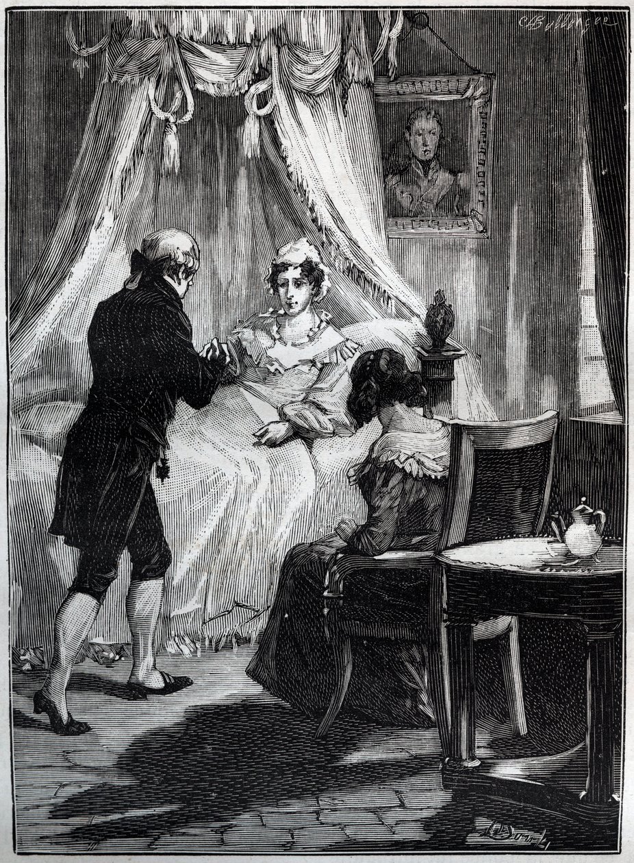 ブレイ要塞で医師ルイ・シャルル・ドヌー（1767-1846）に謁見するベリー公爵夫人（マリー・カロリーヌ、2つのシチリアの王女、ベリー公爵夫人（1798-1870）） - エングレーヴィング - 拡大写真 作： フランス語学校