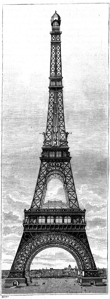 1889年にパリで開催された万国博覧会のために、技術者であり実業家でもあるギュスターヴ・エッフェル（1832-1923）が製作した高さ300メートルのエッフェル塔。ラ・ネイチャー」に掲載された版画。Revue des sciences et de ses applications aux arts et à l